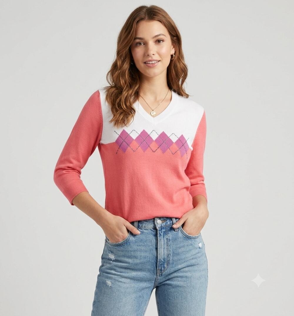 Van Heusen Preppy Sweater Womens M Pink Argyle Knit Beaded Comfy Clean Girl NWT